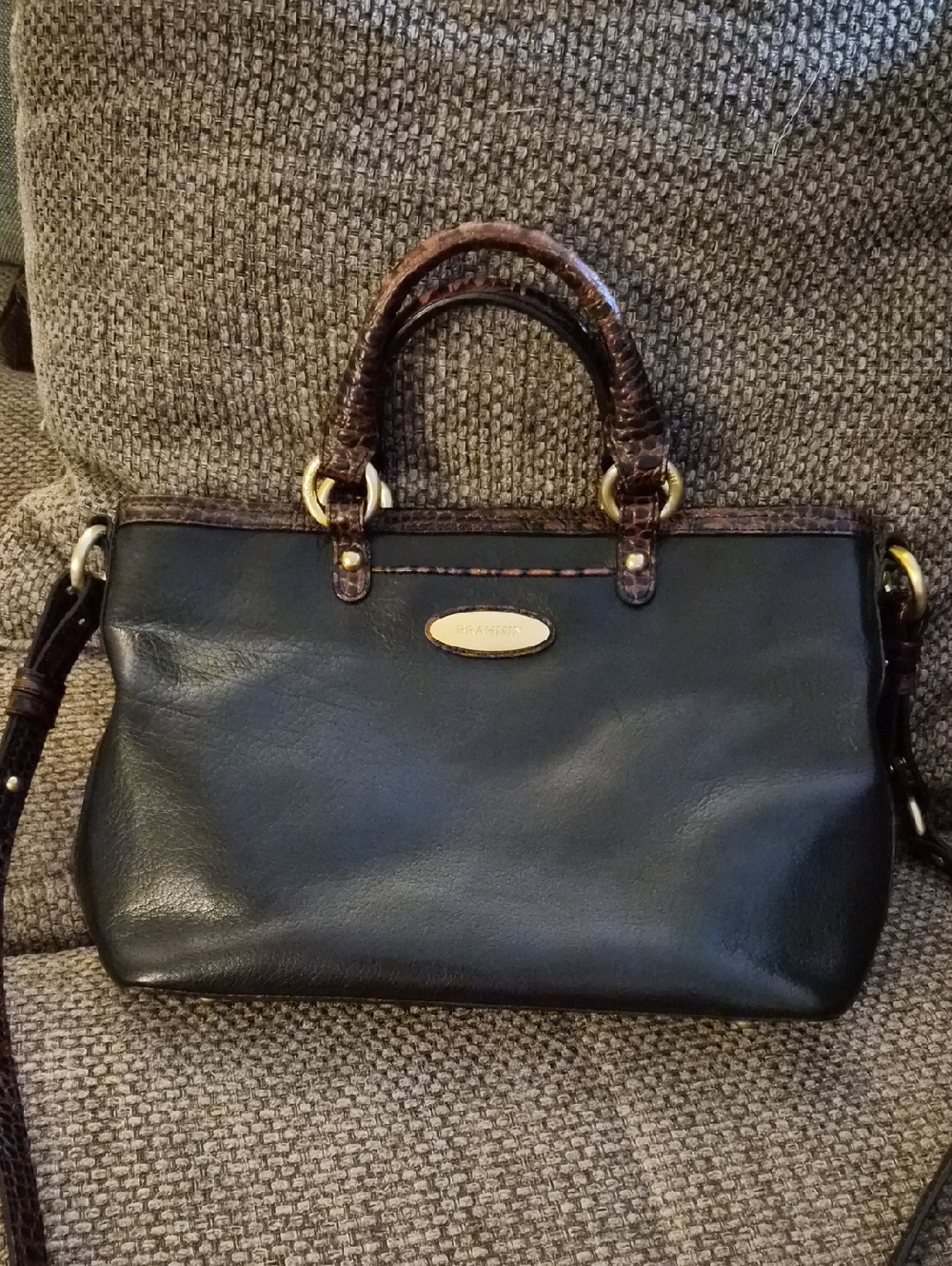 Brahmin Black Leather Satchel with Brown Trim and Gold Hardware